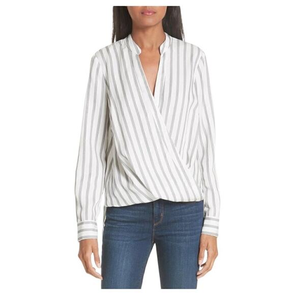 L'AGENCE Tops - L'agence White Black Striped Long Sleeve Surplice V-Neck Draped Kyla Top Size XS